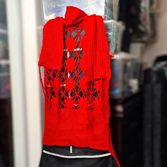 Red Knitted Cardigan Vest Sweater with Crochet Detail - Picture 5 of 9